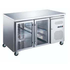   Maxima - Hűtött munkaasztal, 2 üvegajtós szekrénnyel, 4 kerékkel, 370 literes