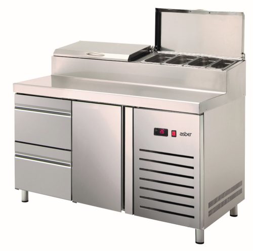 Asber - Pizza counter felhajtható fedelű Topping Coolervel 1 ajtós 2 fiókos GN1/2 ETPZ-135-12 HC