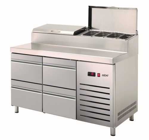 Asber - Pizza counter felhajtható fedelű Topping Coolervel 4 fiókos GN1/2 ETPZ-135-04 HC