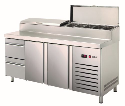 Asber - Pizza counter felhajtható fedelű Topping Coolervel 2 ajtós 2 fiókos GN1/2 ETPZ-180-22 HC
