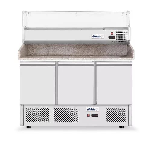 Hendi - Pizzapult 3 ajtós, alsó aggregáttal, feltéthűtővel, gránit lappal, 254 liter, 1400x700x(h)1491mm, Arktic