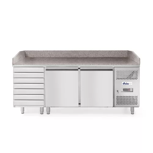 Hendi - Pizzapult - 2 ajtós, 7 fiókkal, jobboldali aggregáttal, gránit lappal 250L, Arktic,  230V/250W, 2020x802x(H)1000mm