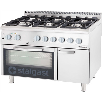 Stalgast - gáztűzhely 6 égős 1200x700x850mm, GN 1/1 légkeveréses sütővel 9717230 PB gáz