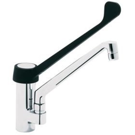   Ipari kivitelű, asztali csaptelep hosszú fekete karral és kifolyóval